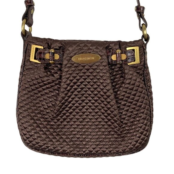 Brahmin Crossbody Purse Brown Quilted Faux? Leather Strap Gold Hardware Zip FLAW - Picture 4 of 12